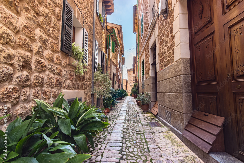 Silent cobbled narrow street in Fornalutx village, Majorca Balearic Islands - obrazy, fototapety, plakaty 