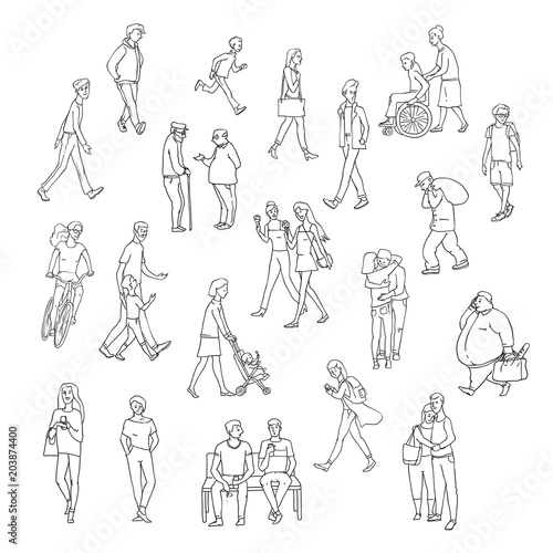 Vector sketch walking people urban residents. Children and adults characters in various situations on street city. Woman with kid, chat friends and other persons. Set illustrations