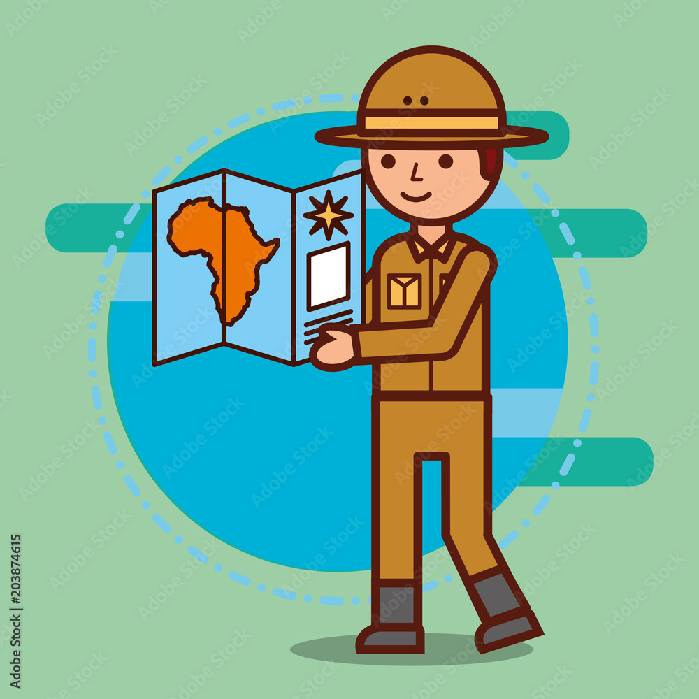 safari boy explorer looking african map vector illustration