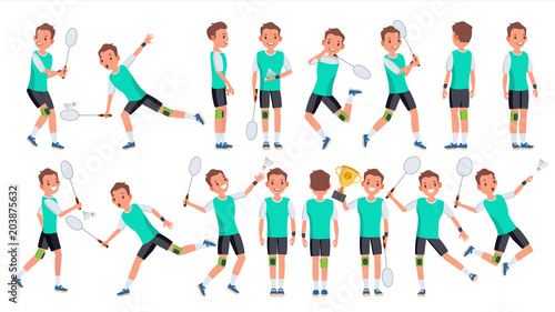 Badminton Player Male Vector. Summer Activity. Championship Training. Isolated Flat Cartoon Character Illustration