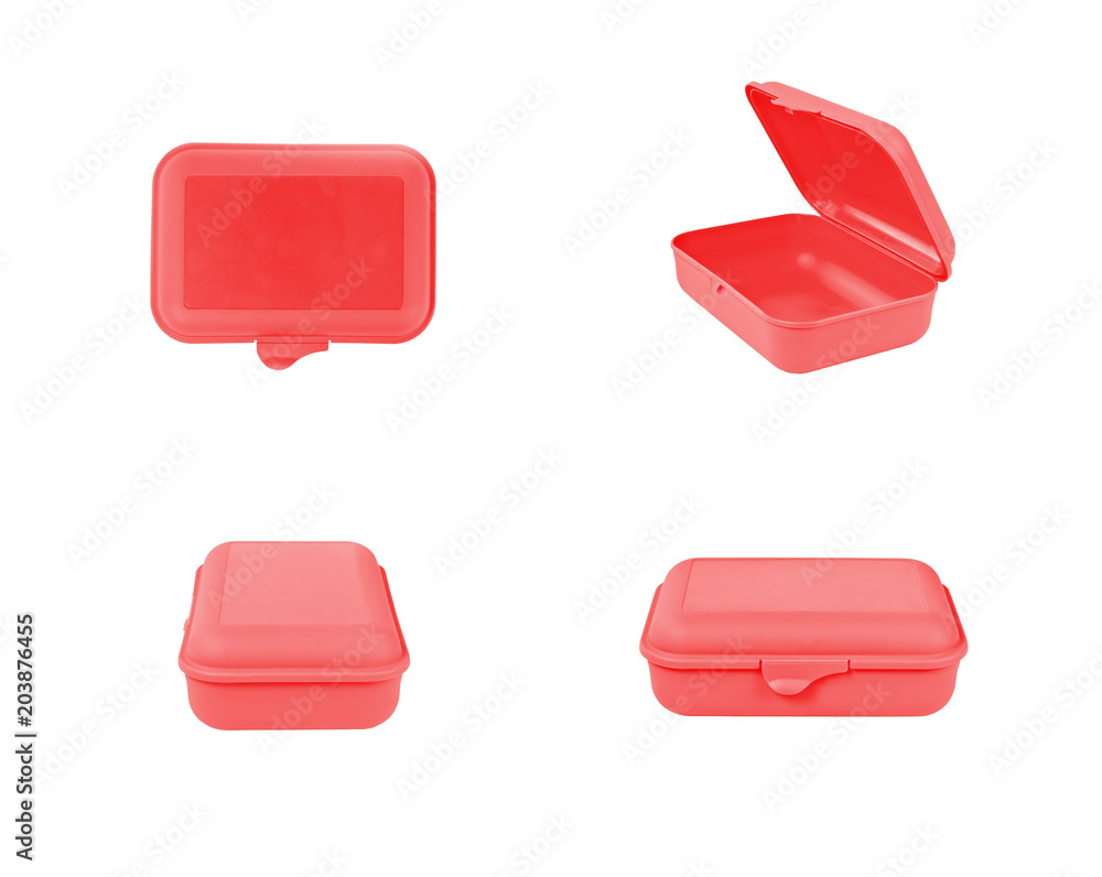 Red plastic box package isolated on white background. Front, top Red plastic box package isolated on white background. Front, top