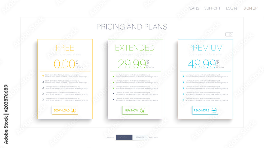 Pricelist, hosting plans and web design boxes of banners. design for a web application.