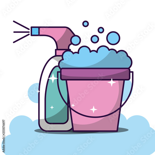laundry cleaning bucket soap foam and spray bottle vector illustration