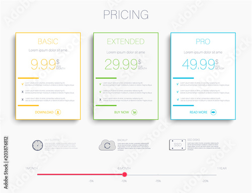 Pricelist, hosting plans and web design boxes of banners. design for a web application.