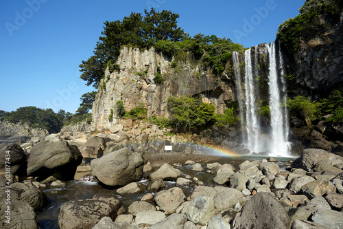 Jeongbang  Falls  is  a  popular  tourist  site  on  Jeju  Island   South  Korea.