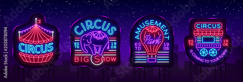 Circus collection of neon signs. Set of logos for circus in neon style, circus symbol, neon banner, bright nightly advertisement of circus show, magic show. Design template. Vector. Billboard
