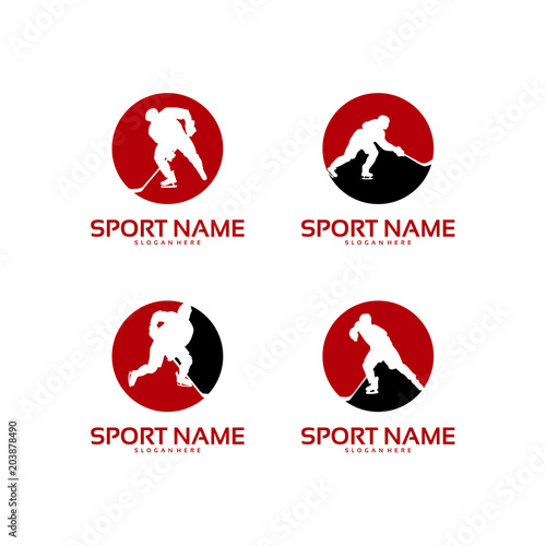 Set of Hockey Player Iconic logo designs, Hockey Silhouette logo template designs