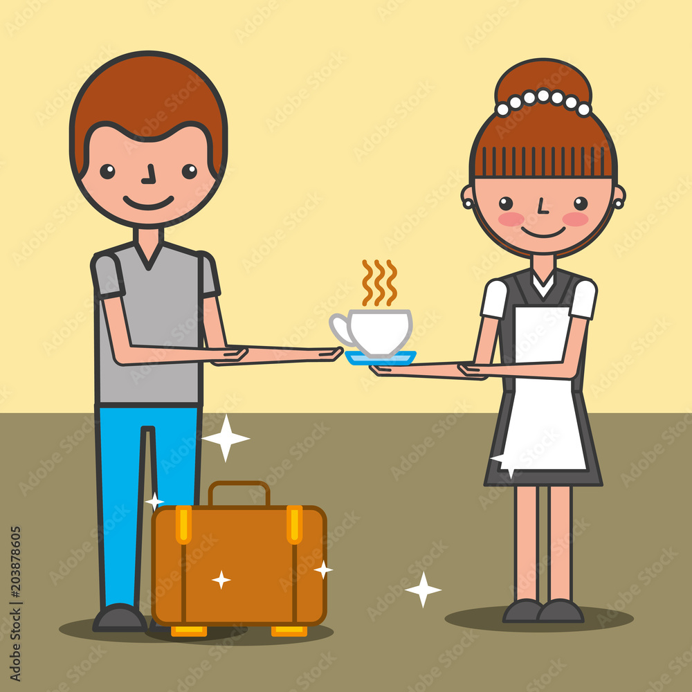 maid woman giving coffee cup at customer hotel service vector illustration maid woman giving coffee cup at customer hotel service vector illustration