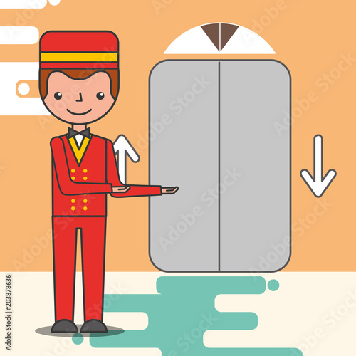 hotel service elevator with bellboy porter vector illustration