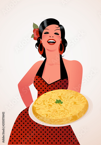 Beautiful Spanish cook showing a plate of potato omelette. She wears a polka-dot dress or apron and a flower in her hair.