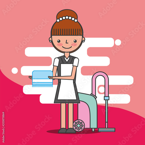 female maid holding towel and vaccum machine hotel vector illustration