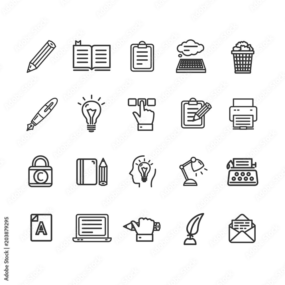 Writer and Copywriting Signs Black Thin Line Icon Set. Vector Writer and Copywriting Signs Black Thin Line Icon Set. Vector