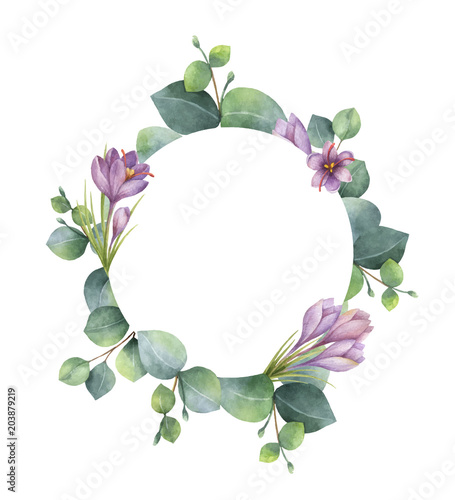 Watercolor vector round wreath with eucalyptus leaves and flowers of saffron.