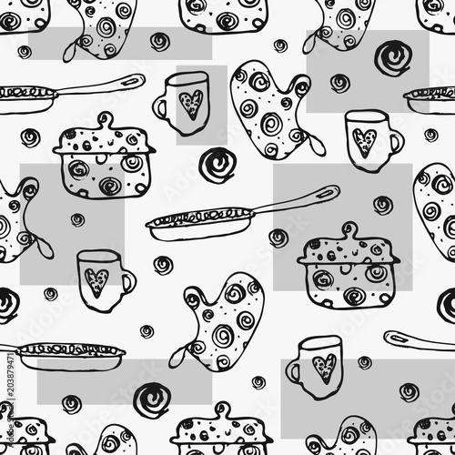 Seamless pattern with kitchen tools : plate, cup, pan. Hand drawn vector ornament.
