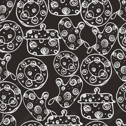 Seamless pattern with kitchen tools : plate, cup, pan. Hand drawn vector ornament.