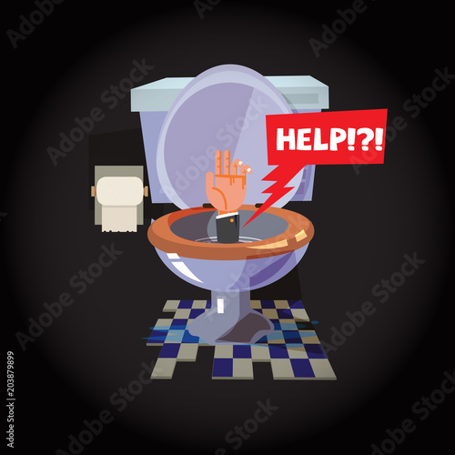 Businessman sinking in toilet bowl with "Help!" text bubble - vector