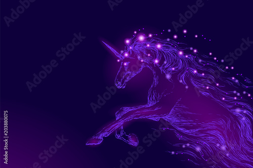 Purple violet glowing horse unicorn riding night sky star. Creative decoration magical backdrop shining cosmos space horn fairy myth moon light fantasy background vector illustration