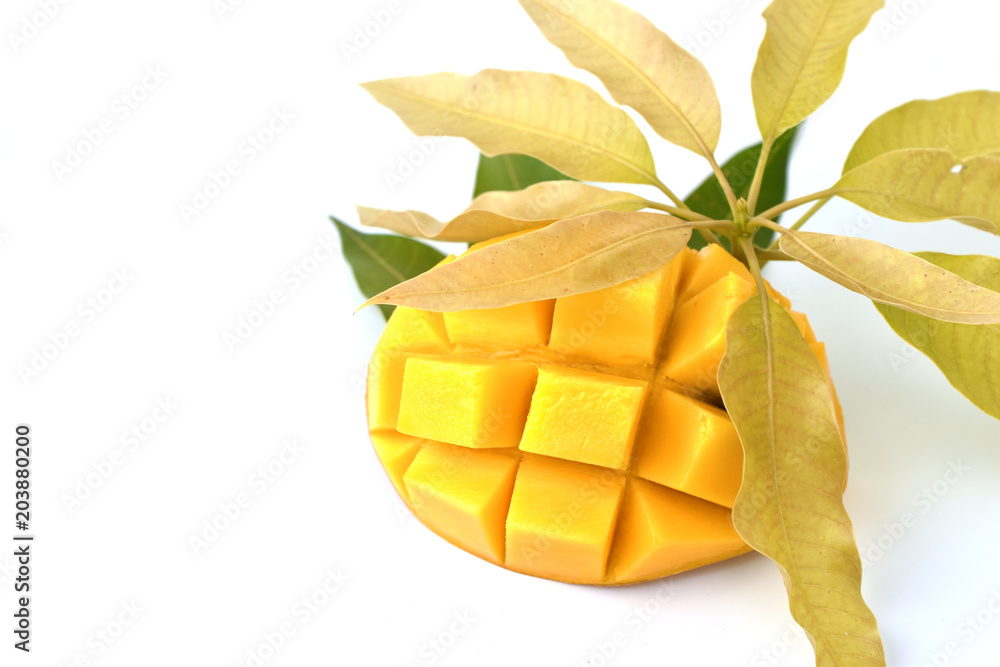 Fototapeta premium Mango fruit with leaf isolated white background