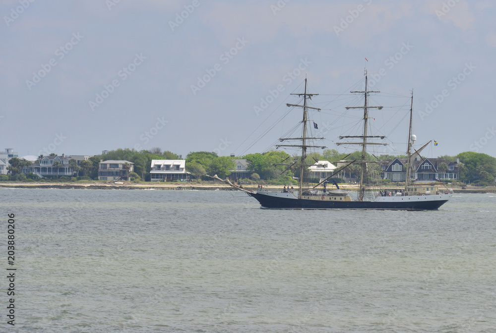 A tall ship sailing in the channel at Charleston, South Carolina,
A tall ship sailing in the channel at Charleston, South Carolina,
