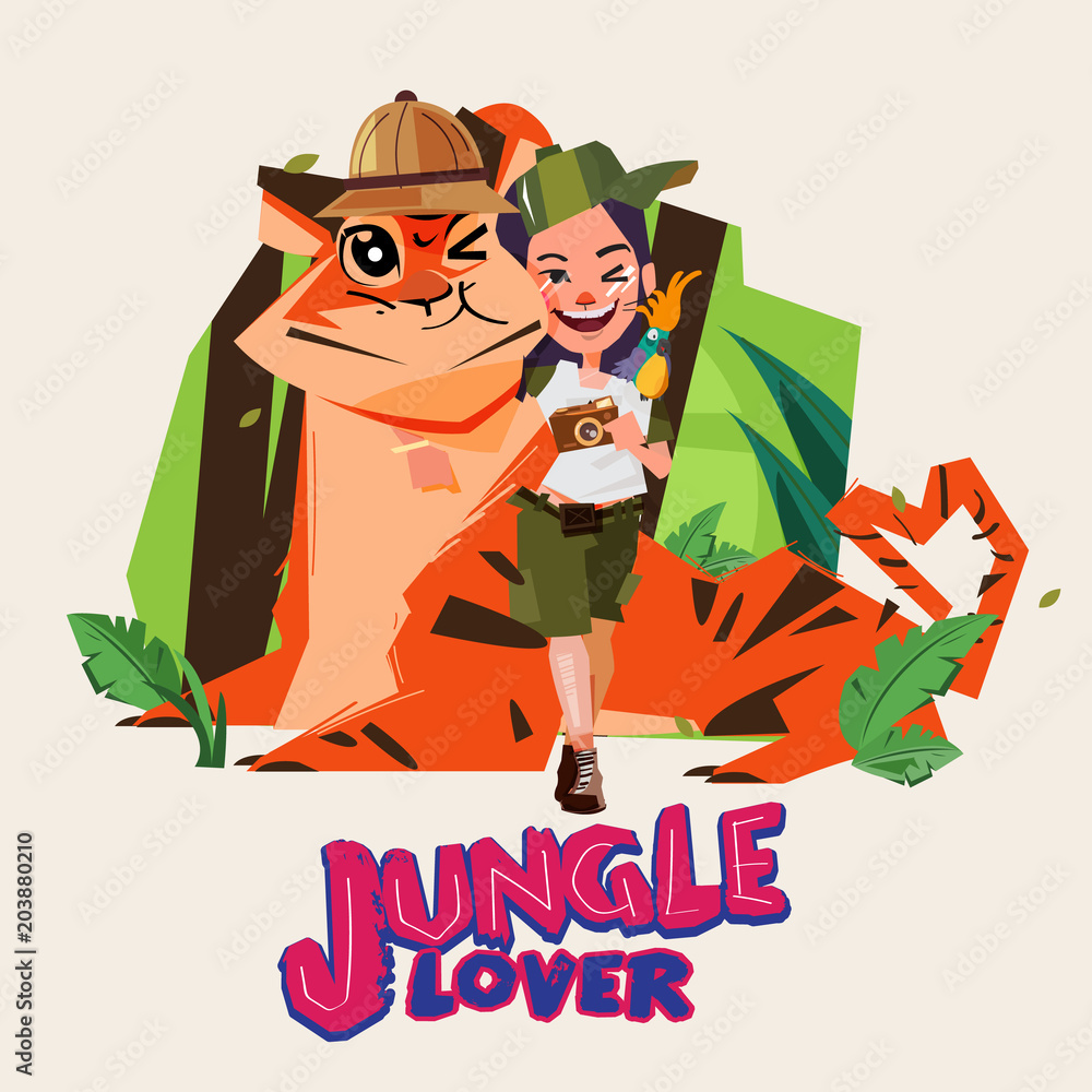 adventure girl huge a big tiger. character design. jungle lover. Naturalist  and explorer girl - vector Stock Vector | Adobe Stock