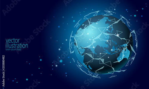 Global international connection information exchange blockchain cryptocurrency. Planet space low poly future technology finance banking design. Web security payment business vector illustration