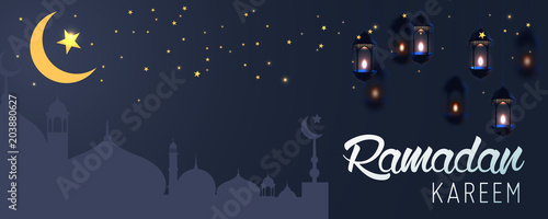 Ramadan Kareem horizontal vector banner, text in middle with lantern and Mosque. Ramadan Kareem ads, flyer, invitation, greeting card. Islamic background.