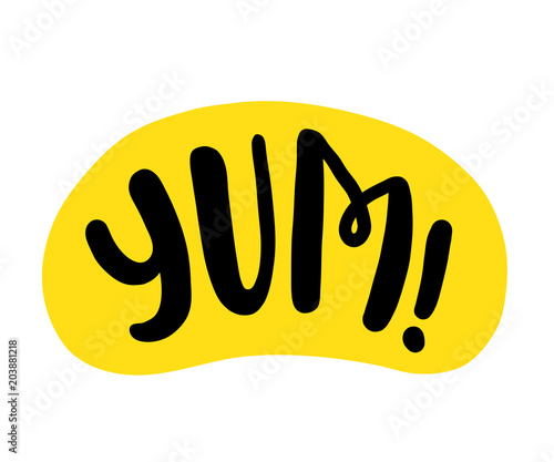 Yum text. Only one single word. Printable graphic tee. Design doodle for print. Vector Colorful Cartoon style.