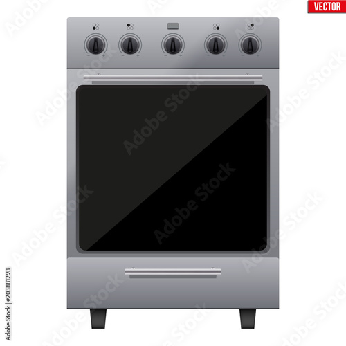 Classic Silver Kitchen Stove. Gas or Electric Range Cooker. Front View. Domestic equipment and Kitchen appliance. Vector Illustration isolated on white background.