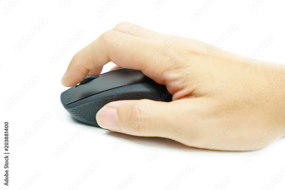Closeup of Man hand clicking mouse in the office Closeup of Man hand clicking mouse in the office