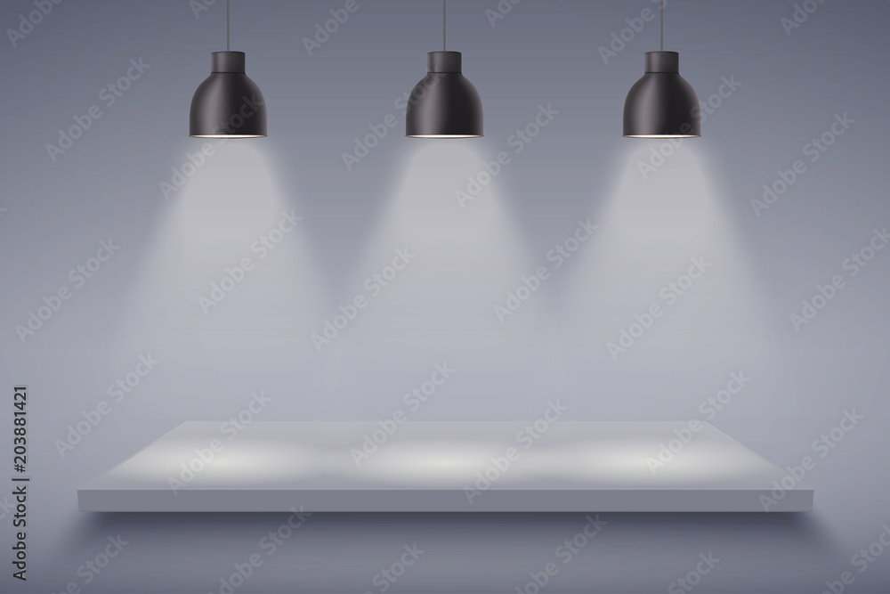 Light box with Black and white platform on with three vintage pedant cone lamps. Editable Background Vector illustration.