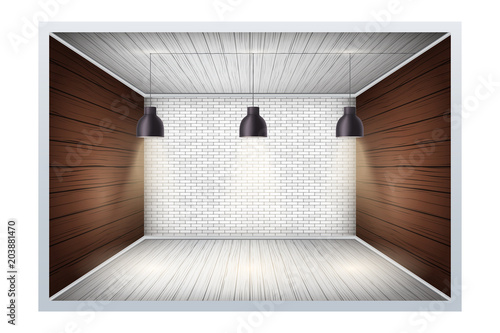Example of an empty room with brick wall and wooden panels. Simple interior without furnish and furniture. Imitation of three-dimensional space. Vector.