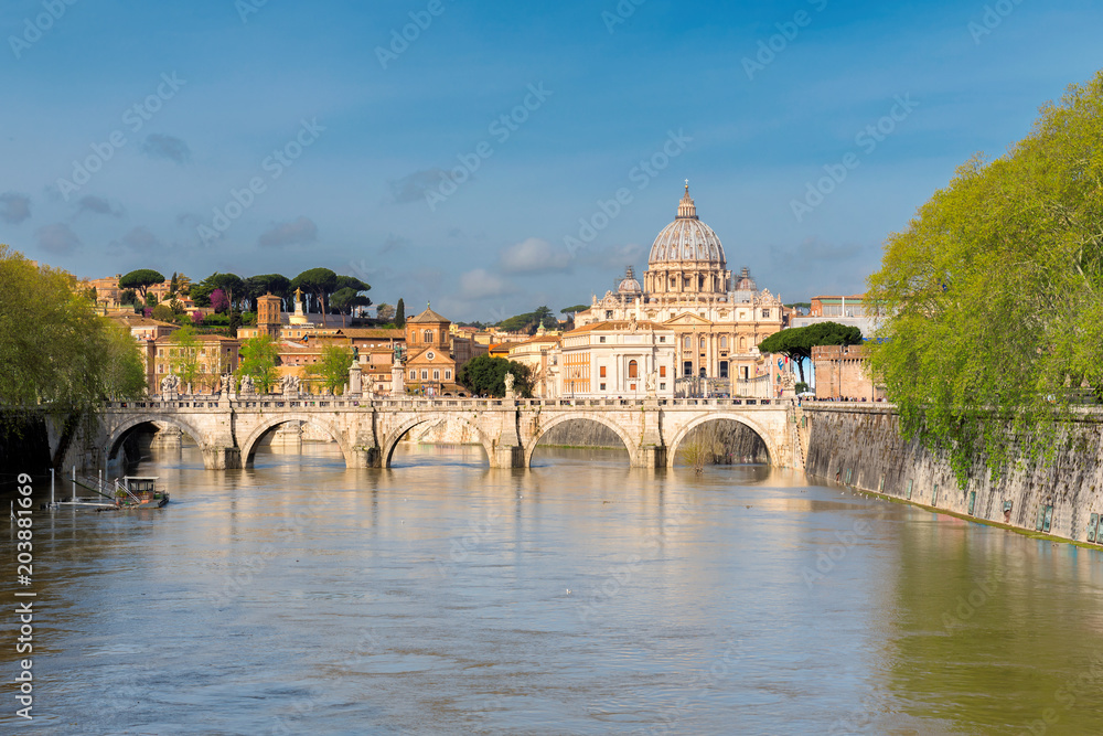 Rome skyline. View at Tiber and St. Peter's cathedral in Rome, Italy.
