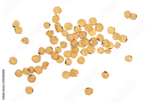 Integral instant soybean flakes isolated on white background, top view