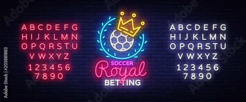 Betting Soccer neon sign. Football betting logo in neon style, Royal concept, light banner, bright night betting sports advertisement, design element gambling, casino. Vector. Editing text neon sign