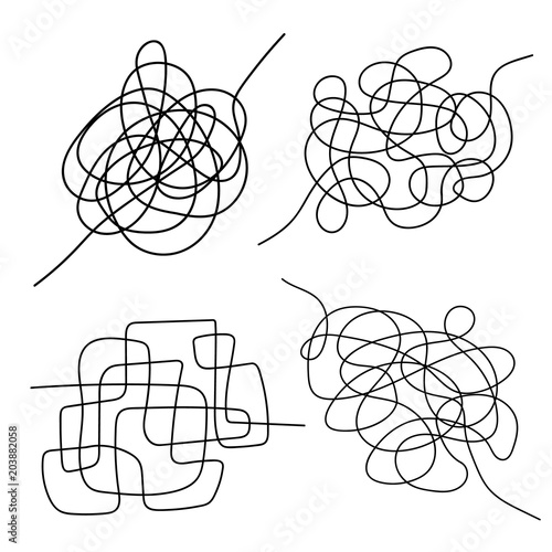 Set of hand drawn tangle scrawl sketch. Black line abstract scribble shape. Vector tangled chaotic doodle circle and square  scribble drawing. Thread clew knot isolated on white background.