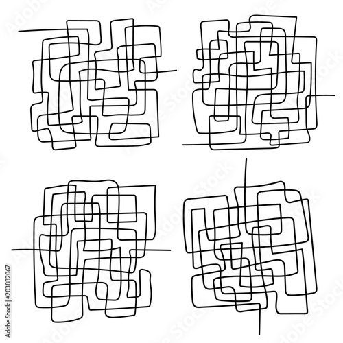 set of black line abstract scribble shape. Hand drawn tangle scrawl sketch. Vector tangled chaotic doodle circle and square  scribble drawing. Thread clew knot isolated on white background.
