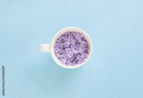 White cup full of lilac flowers on the blue background