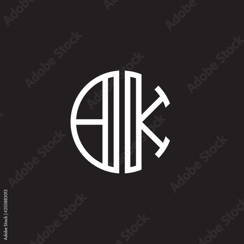 Initial letter BK  minimalist line art monogram circle shape logo  white color on black background