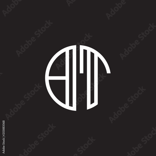 Initial letter BT  minimalist line art monogram circle shape logo  white color on black background