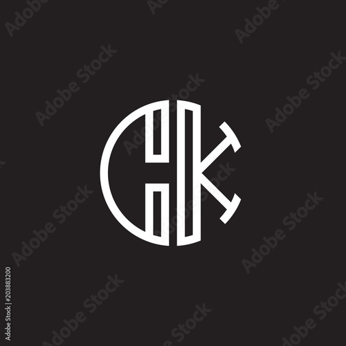 Initial letter CK, minimalist line art monogram circle shape logo, white color on black background