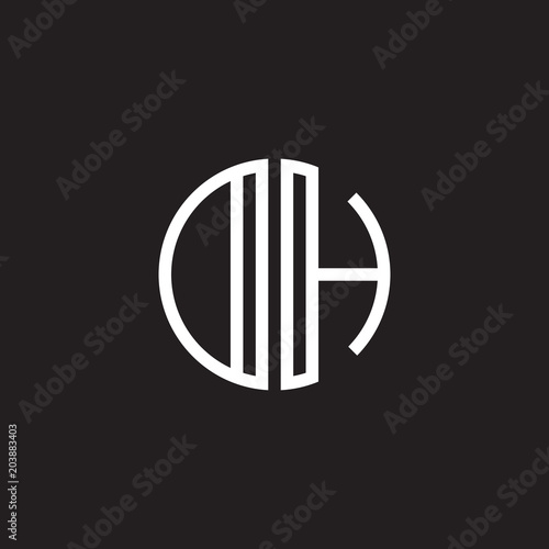 Initial letter DH, OH, minimalist line art monogram circle shape logo, white color on black background