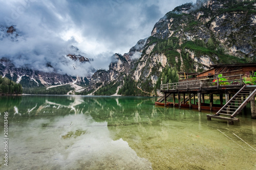 Hazy view of Pragser Wildsee lake in Dolomites, Europe