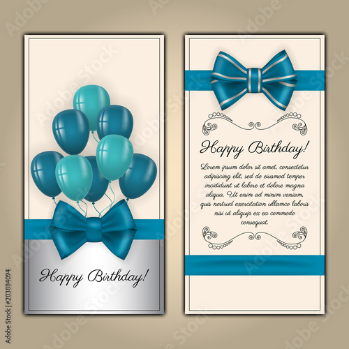 Colorful vector birthday card with text space. Decorated with ribbon, bow and balloons on light background.