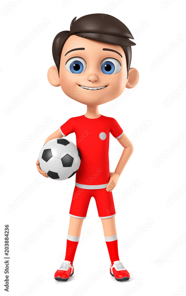 Footballer boy in a red uniform holds a ball on a white background. 3d render illustration.