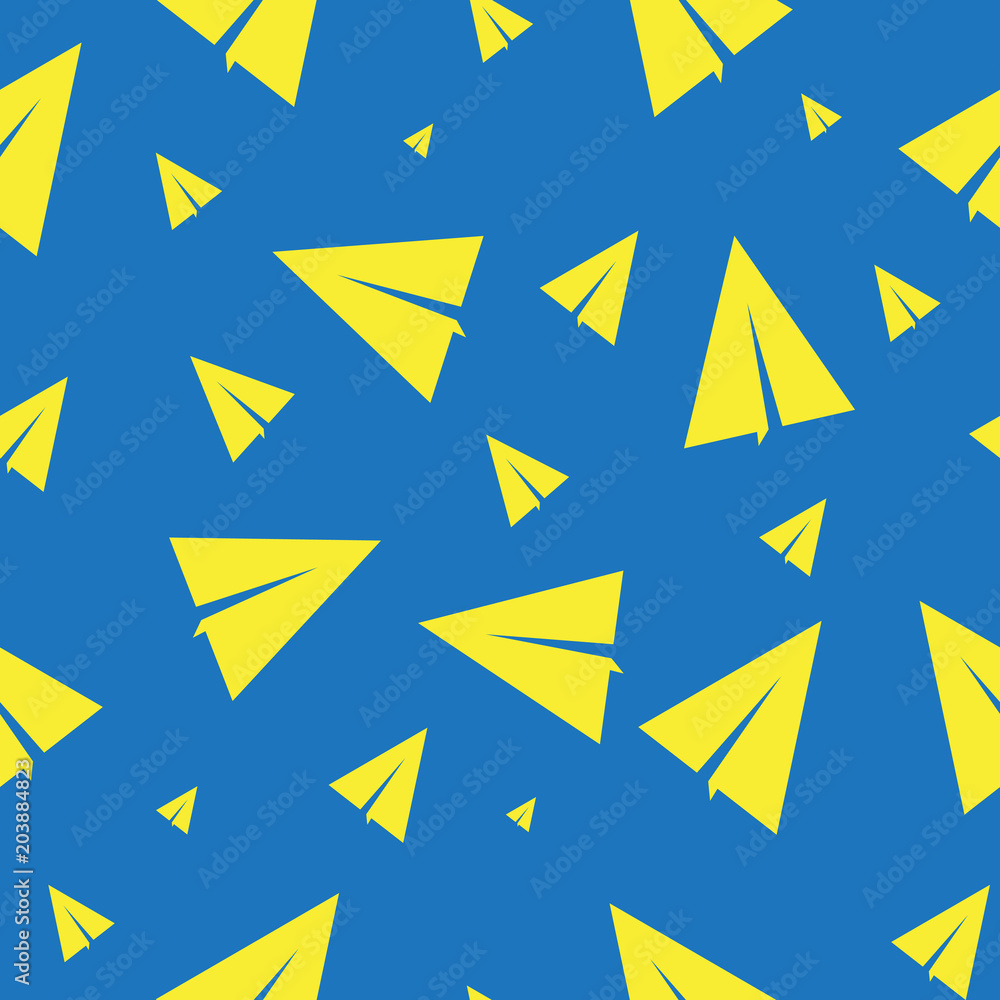 Seamless background with folded aircraft. On the blue background are paper-folded planes of various sizes, flying in all directions. Seamless background with folded aircraft. On the blue background are paper-folded planes of various sizes, flying in all directions.