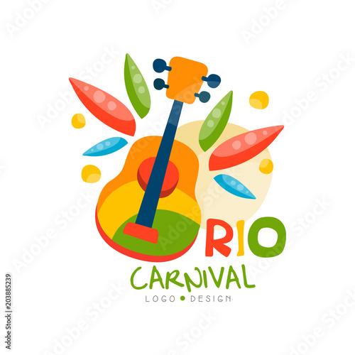 Rio Carnival logo design, bright fest.ive party banner with guitar vector Illustration on a white background