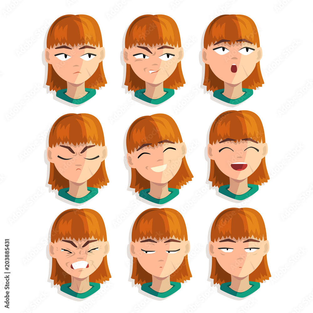 Redhead girl with emotional face set, female avatar with facial expression vector Illustrations on a white background Redhead girl with emotional face set, female avatar with facial expression vector Illustrations on a white background