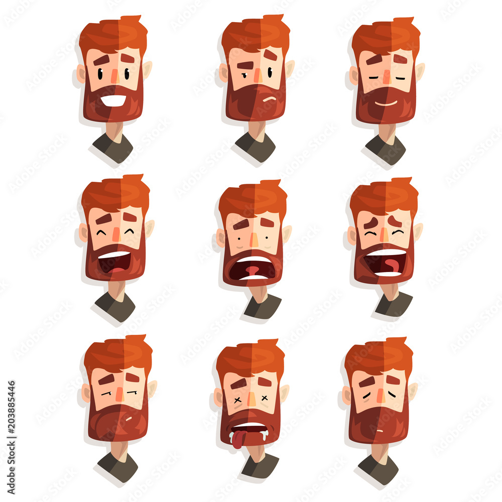 Redhead bearded man with emotional face set, male avatar with facial expression vector Illustrations on a white background Redhead bearded man with emotional face set, male avatar with facial expression vector Illustrations on a white background