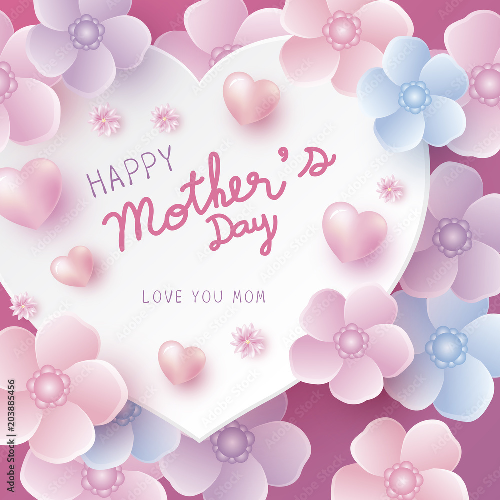 Mother's day card concept design of paper hearts shape and pink flowers vector illustration