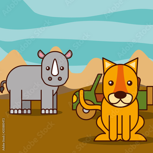 rhino and tiger jeep car safari animals cartoon vector illustration